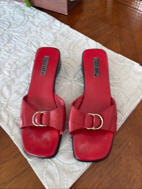Women’s Red Slide Mules with Decorative Buckle